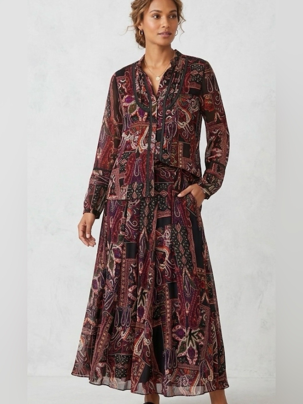 NWOT Coldwater Creek Chiffon Skirt Suit multi-tonal paisley patchwork print L